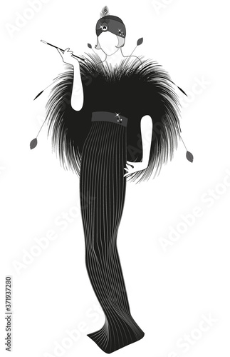 Beautiful and elegant lady smoking a pipe, wearing Belle Epoque style clothes, adorned with peacock feathers.