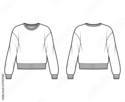 Cotton-terry sweatshirt technical fashion illustration with relaxed fit, crew neckline, long sleeves. Flat outwear jumper apparel template front, back, white color. Women, men, unisex top CAD mockup