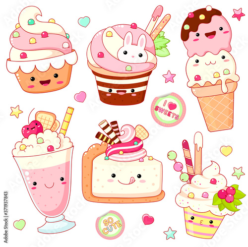 Set of cute sweet icons in kawaii style