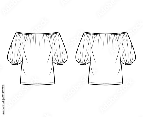 Off-the-shoulder blouse technical fashion illustration with elbow billowy sleeves, elasticated gathered neckline. Flat apparel top template front, back white color. Women men unisex shirt CAD mockup