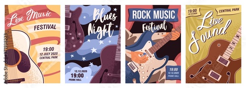 Set of posters with guitars vector flat illustration. Collection flyer templates of live music, rock festival and blues night with place for text. Promo of concert, party with musical instruments