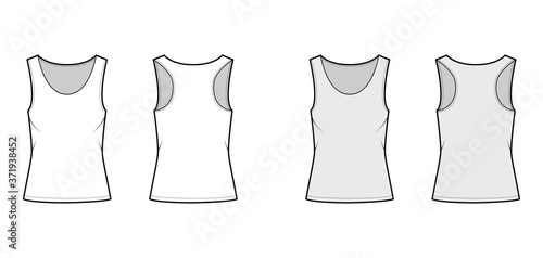 Racer-back cotton-jersey tank technical fashion illustration with relax fit, wide scoop neckline. Flat outwear cami apparel template front, back white grey color. Women men unisex shirt top CAD mockup