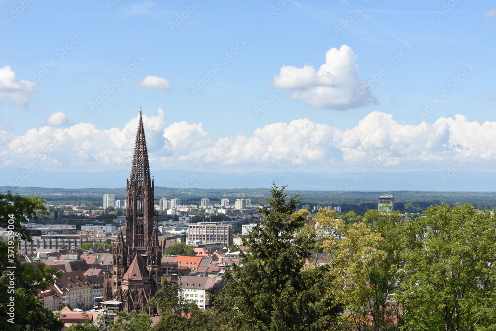 Freiburg Minster, the cathedral of Freiburg im Breisgau, southwest Germany. Gothic church tower completed in the Middle Ages is surrounded by buildings and trees under blue sky and heap clouds.