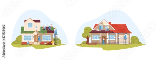Crew of workers in uniform during repair of private houses set vector flat illustration. Team of repairmen decorate facade, cover roof, upgrade wall color isolated. Exterior building renovation