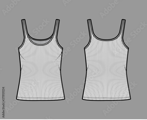 Ribbed cotton-jersey tank technical fashion illustration with scoop neck, relaxed fit knit, tunic length. Flat outwear camisole apparel template front back white color. Women men unisex shirt top CAD
