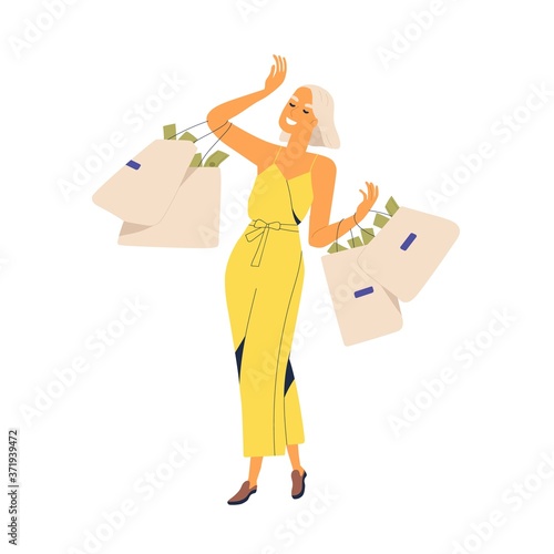 Fashion woman millionaire carrying bags full of currency vector flat illustration. Smiling rich girl with much money enjoying wealth isolated on white. Financial successful female walking with cash