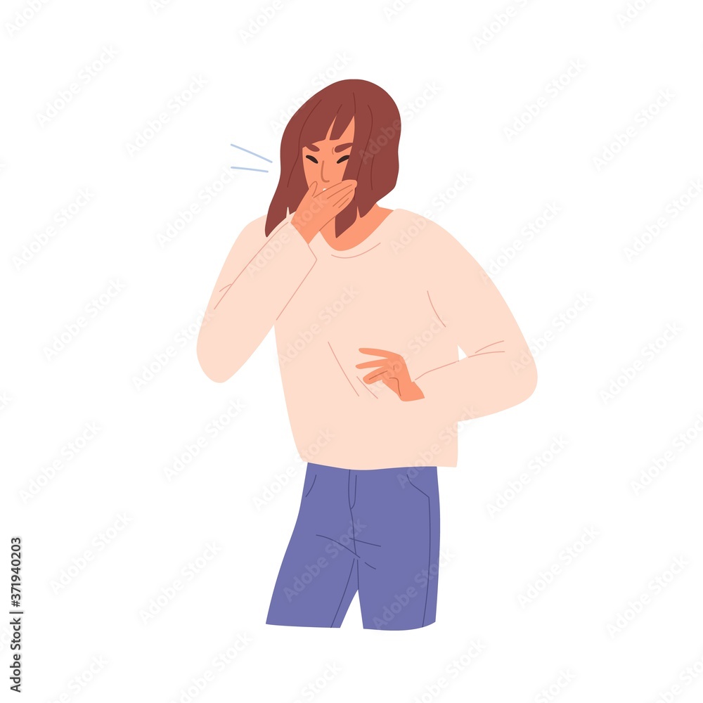 Illness female coughing closing mouth by hand vector flat illustration. Unwell girl with flu, grippe or seasonal disease symptoms isolated on white. Sickness woman suffering from virus Illness female coughing closing mouth by hand vector flat illustration. Unwell girl with flu, grippe or seasonal disease symptoms isolated on white. Sickness woman suffering from virus