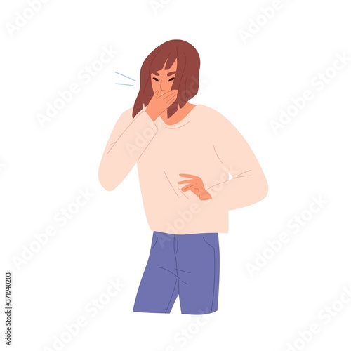Illness female coughing closing mouth by hand vector flat illustration. Unwell girl with flu, grippe or seasonal disease symptoms isolated on white. Sickness woman suffering from virus
