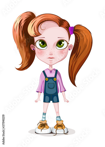 Vector illustration of a little girl with big green eyes and foxy hair cartoon character for your project