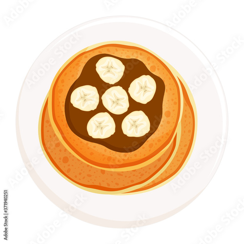 Pancakes with chocolate and bananas top view. Traditional breakfast. Appetizing pancakes close-up on a plate isolated on a white background. Vector illustration in cartoon style.