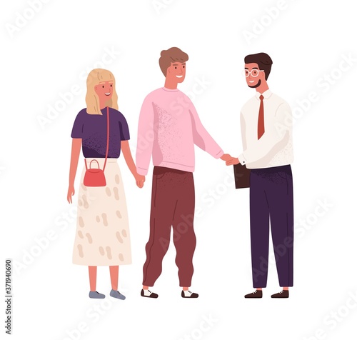 Young couple meeting and shaking hands with real estate manager for property purchase or mortgage. Family make agreement with professional realtor. Flat vector cartoon illustration isolated on white