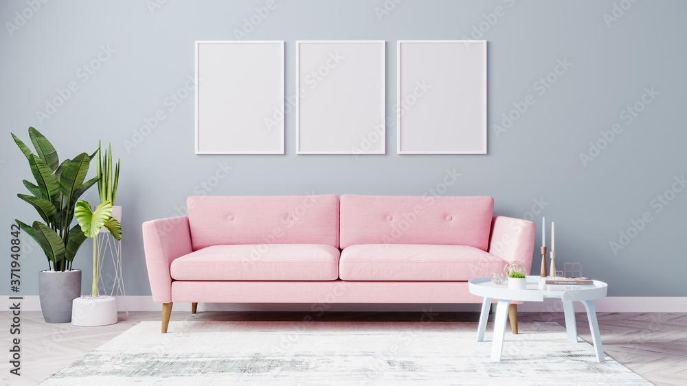 Blank poster frames mock up in Bright living room with pink sofa
