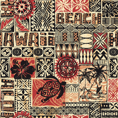 Hawaiian style tribal fabric patchwork vintage vector seamless pattern