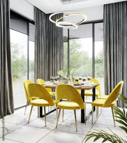 Bild auf Leinwand Luxury modern dinning room interior background for mockup with bright yellow cha