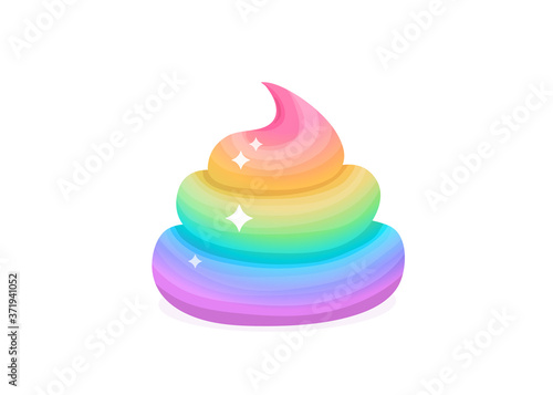 Unicorn rainbow poop vector illustration. Fairy comic poo with shiny effect in flat cartoon style isolated on white background. Funny excrement art