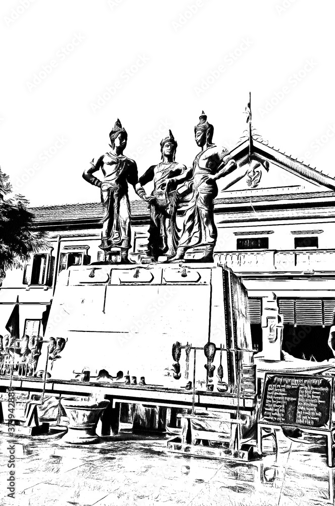 Obraz premium Chiang Mai, Thailand illustration creates a black and white style of drawing.