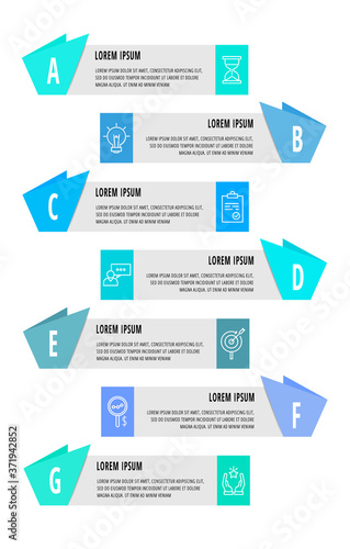 Vector infographics with 7 steps, labels. Used for diagram, business, web, banner, workflow layout, presentations, flowchart, info graph, timeline, content, levels, chart, processes diagram