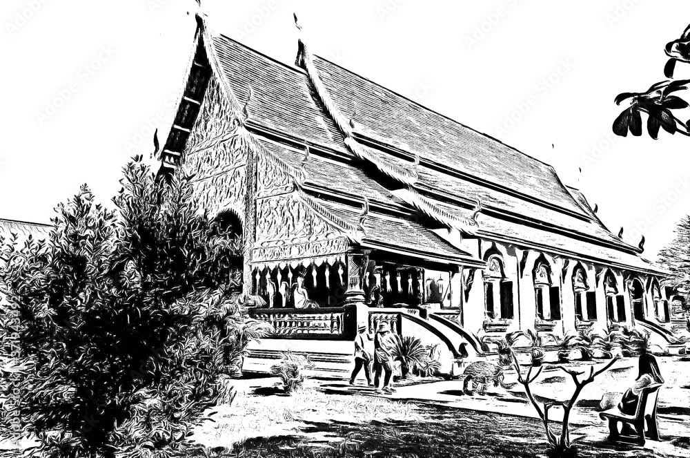 Fototapeta premium The ancient Thai architectural style, northern region of Thailand illustration creates a black and white style of drawing.