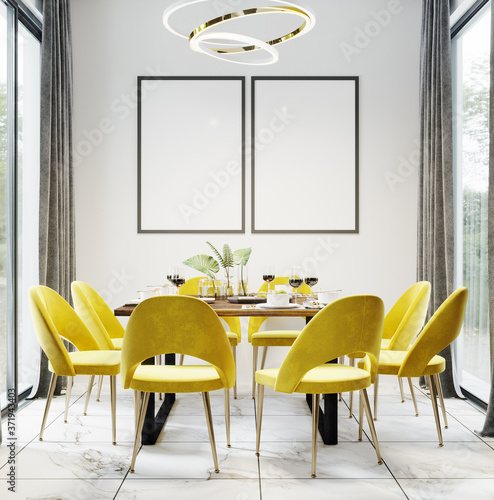 Black blank frames in Luxury modern dinning room interior background for mockup with bright yellow chairs, table with dishes, panoramic windows and gold chandelier, dinning room  mockup, 3d rendering