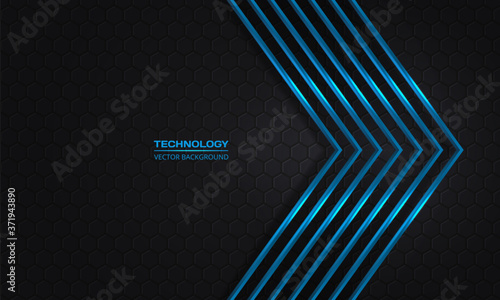 Blue arrows on a dark hexagonal abstract grid background. Futuristic modern blue metallic arrows and dark gray honeycomb backdrop. Luxury overlap direction design. Vector illustration EPS10.