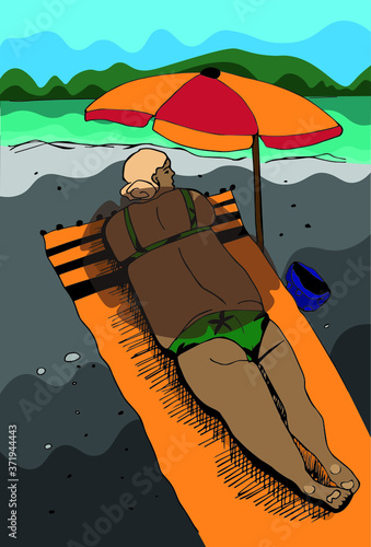 The illustration shows a woman under an umbrella sunbathing on the beach.