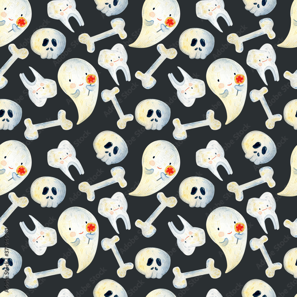 Obraz premium Watercolor seamless pattern with Halloween elements, ghosts, bones, pumpkins and stars. Hand drawn Halloween pattern.