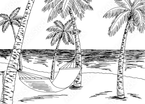Hammock sea coast graphic black white landscape sketch illustration vector
