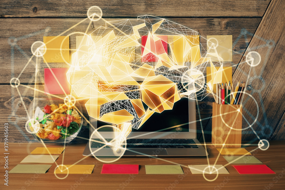 Double exposure of desktop computer and human brain drawing hologram. Ai concept. Double exposure of desktop computer and human brain drawing hologram. Ai concept.