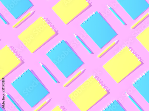 3d render. Pattern of school yellow and blue pencils with empty notebooks on pastel purple pink background. Minimal concept art. Surreal and isometric