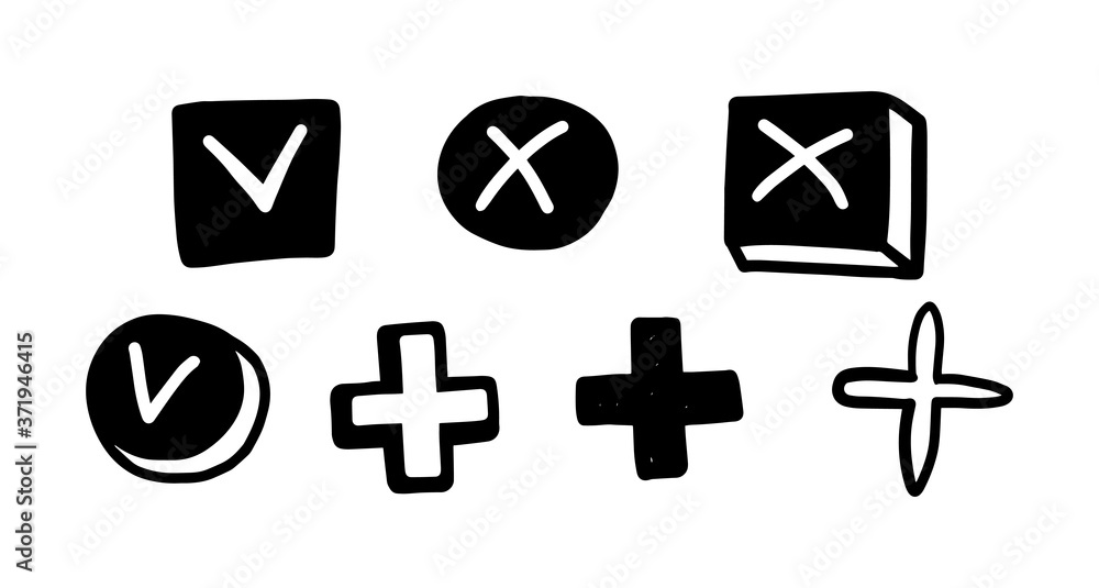 Black check mark, cross, plus and tick symbol set - vector illustration - obrazy, fototapety, plakaty 