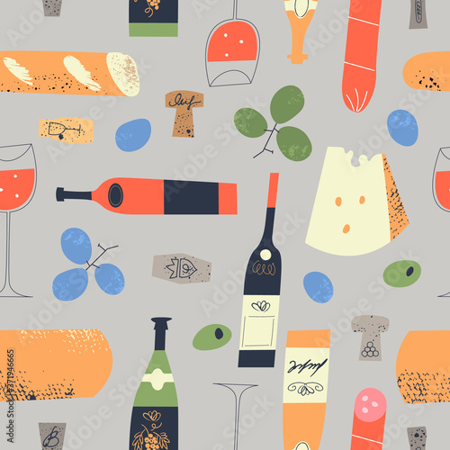 Seamless pattern of wine bottles, corks, glasses and food. Vector illustration.