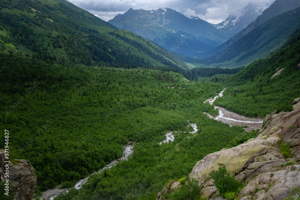 Fototapeta premium Green river valley canyon wide summer panorama North Caucasus