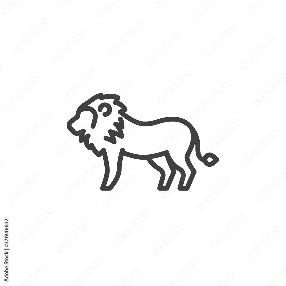 Obraz premium Lion, animal line icon. linear style sign for mobile concept and web design. Standing lion, side view outline vector icon. Symbol, logo illustration. Vector graphics