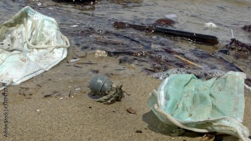 Poor hermit crab carry a tube plastic crawling on the sand beach with a medical masks. Plastic garbage ends up in the ocean, threatens the marine lives. Animal use human waste as habitat.-Dan photo