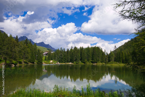 Panoramic view of San Pellegrino lake in the San Pallegrino pass in Trentino  Italy