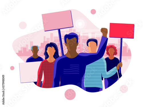 Group of people men women protesters standing together and protesting. Activists holding blank banner boards. People taking part in parade or rally. Flat vector cartoon illustration with city skyline.