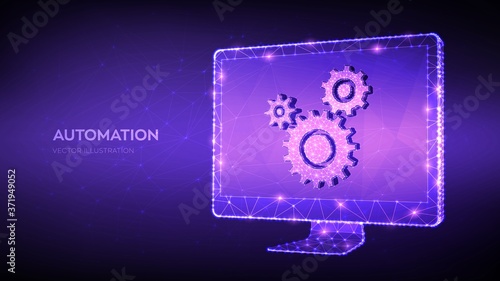 Automation Software, Business and industrial process workflow optimisation, software development technology concept. Abstract 3D low polygonal computer monitor with gears icon. Vector illustration.