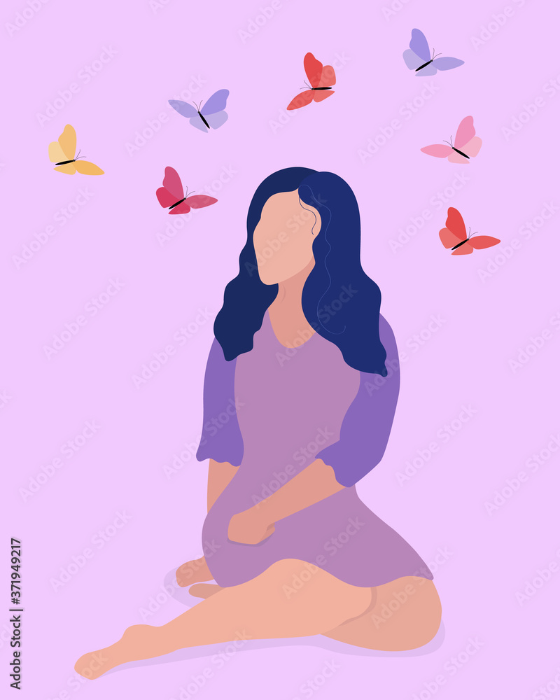 Vector illustration of a woman. Butterflies flying around the girl's head