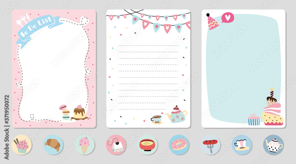 Set of planners and to do list with cute dessert illustrations. Template for agenda, planners, check lists, notebooks, cards, stickers, and other stationery. Vector background Set of planners and to do list with cute dessert illustrations. Template for agenda, planners, check lists, notebooks, cards, stickers, and other stationery. Vector background