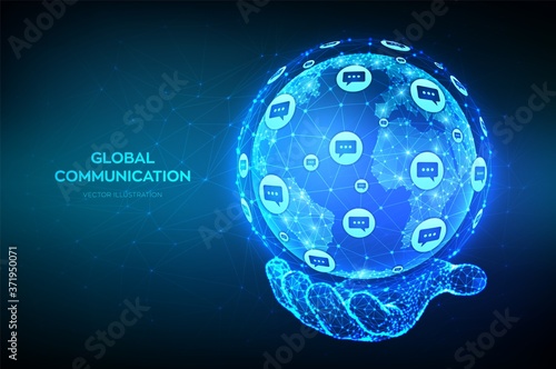 Global communication concept. Abstract low polygonal planet Earth globe with dialog speech bubbles icons in hand. Worldwide communication and social media connection technology. Vector Illustration.
