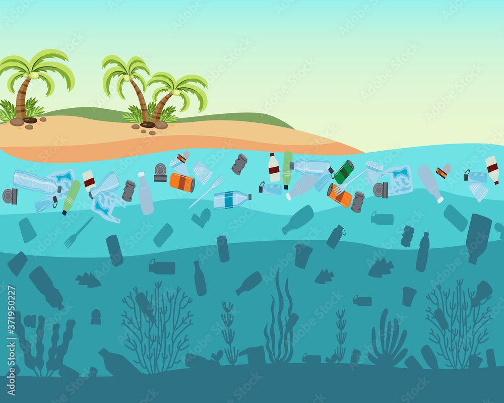 Polluted with plastic bags and bottles of the sea, islands with palm trees.