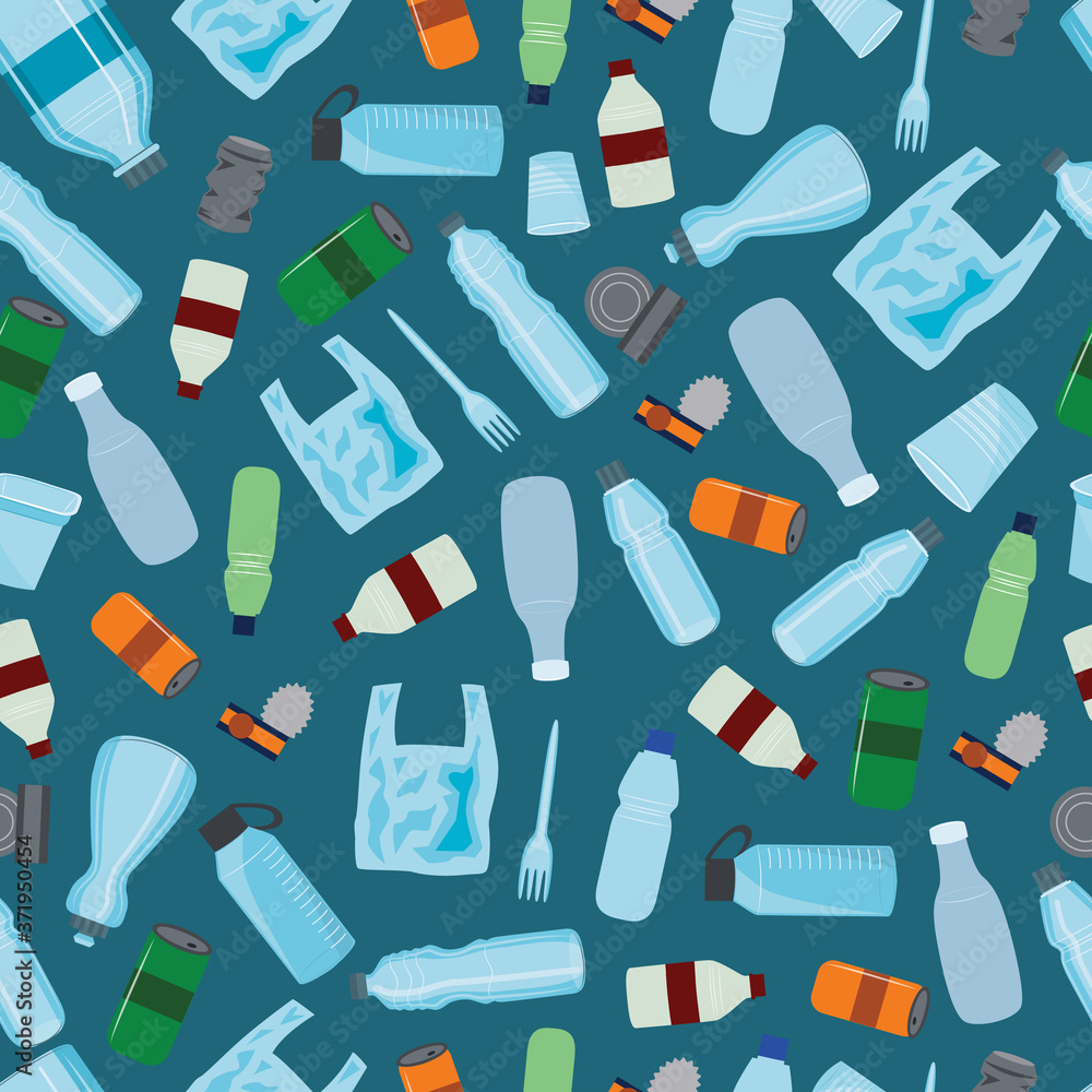 Single use plastic garbage floating in ocean water - seamless pattern.