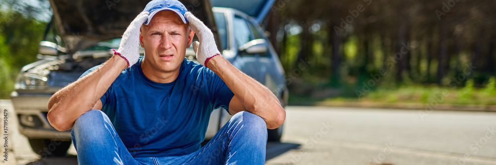 Upset driver man in front of old automobile crash car collision accident in city road. Upset driver man in front of old automobile crash car collision accident in city road.