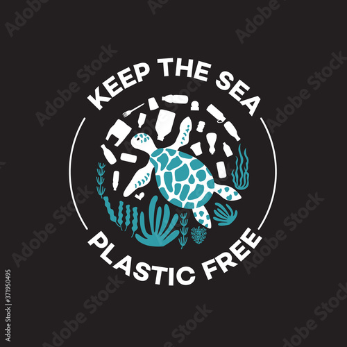 Keep the sea plastic free - cartoon turtle swimming among garbage and seaweed.