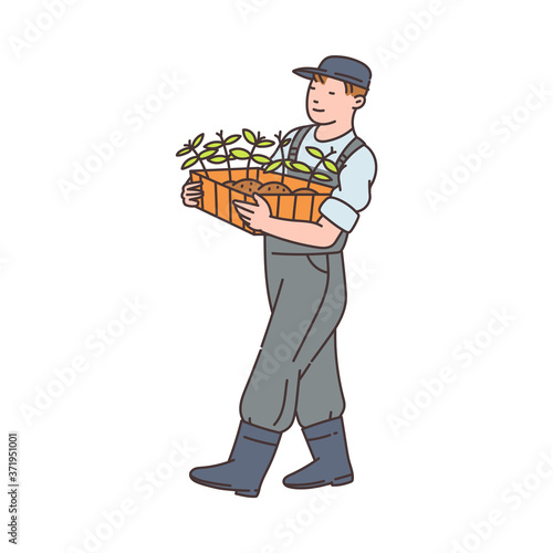 Greenhouse or farm worker holding harvest sketch vector illustration isolated.