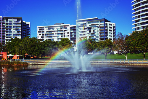 Brisbane park lands water fountain rainbow