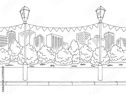 Holiday in the city street road graphic black white landscape sketch illustration vector
