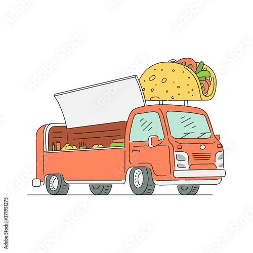 Taco food truck - orange open and empty street food vendor van