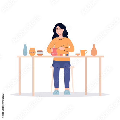 Cartoon woman painting ceramic clay vase in pottery studio.