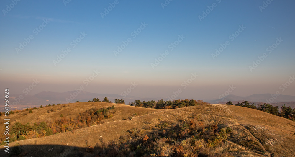 Fototapeta premium Hills of Nagy-Séznás, a Hungarian mountain just before sunset, with lots of yellow grass everywhere,